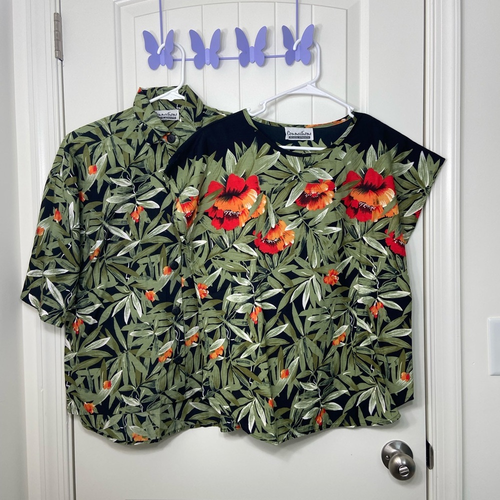 EUC Vintage women’s floral leafy button down blouse matching top set large/XL